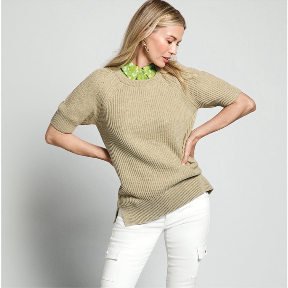 CAbi Prime Pullover Tan Sweater Short Sleeve Knit Top Women’s Small #6445